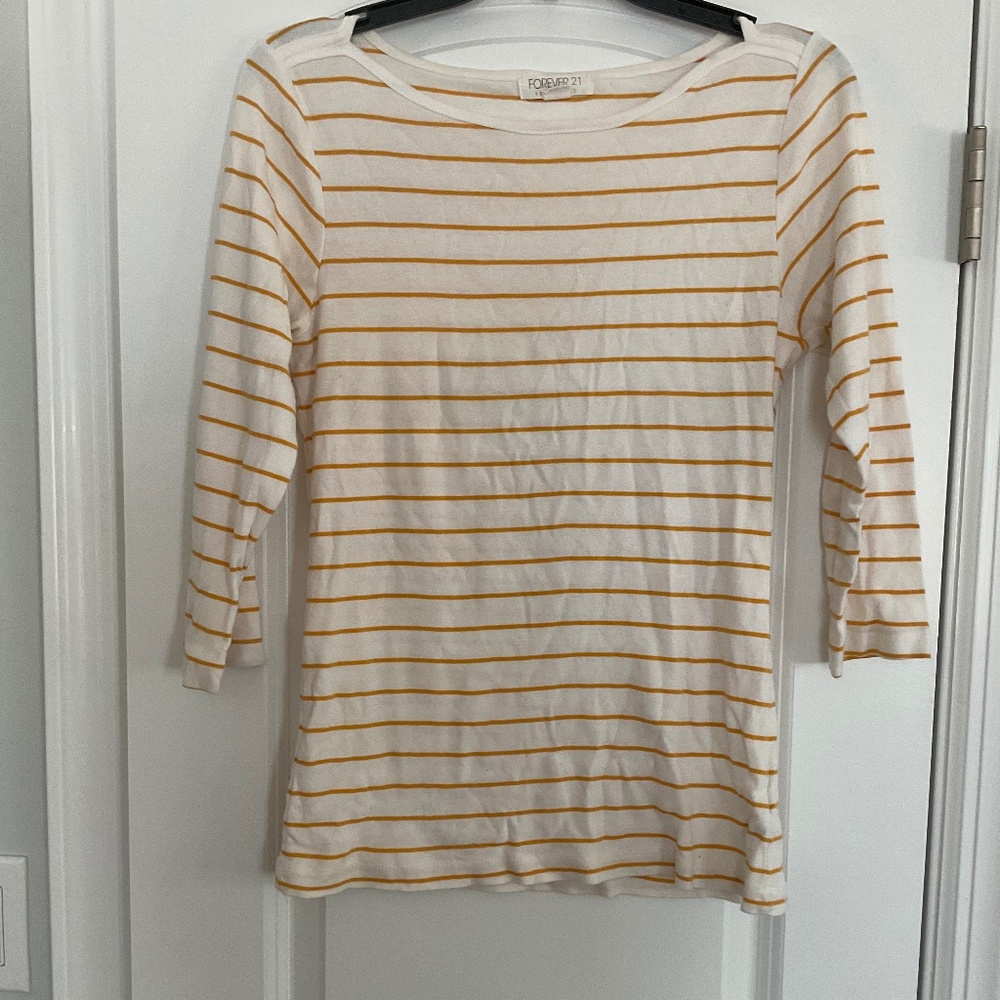 Forever 21 White Yellow Striped Three Quarter Sleeve Shirt Juniors Large